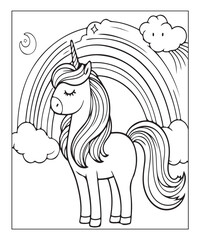 Fototapeta premium Cute unicorn with rainbow. black and white vector illustration for coloring book, Generative AI