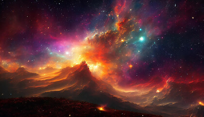 Vibrant galaxy unfolds above a serene, misty landscape, stars and nebulae painting the sky with radiant hues - 784711676