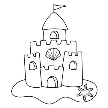recommend clip art: Summer Sand Castle outline Doodle illustration on white background for colouring pages