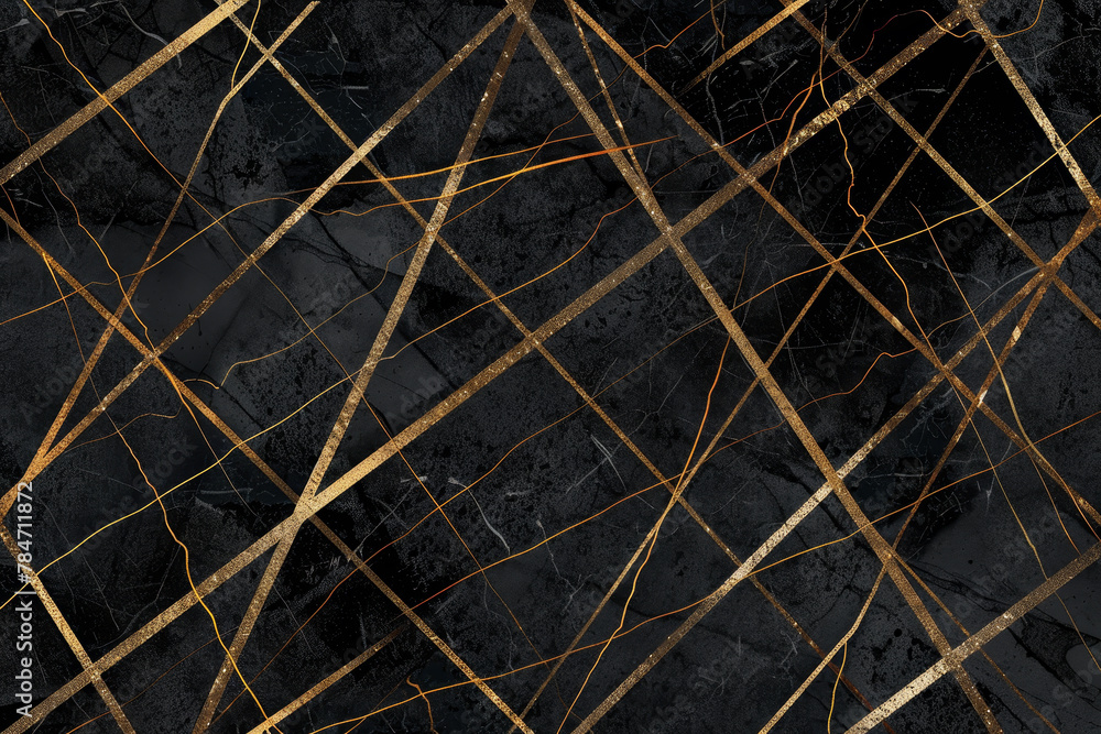 Poster a luxurious wallpaper pattern with a design of golden lines crisscrossing against a black backdrop, 