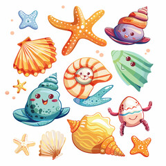 Cartoon seashells and starfishes. Vector illustration.