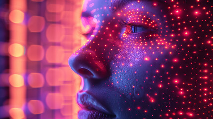 An intricate robotic head, sleek and futuristic, emitting digital patterns against a neon-lit gradient