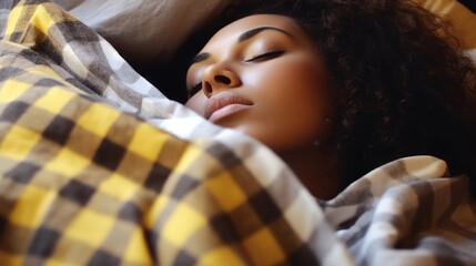 A close-up glimpse of the woman's tranquil sleep in her bed, cocooned in a comforting blanket, her room exuding an ambiance of pure comfort and calm.