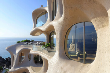 A luxurious seaside resort with an abstract design, its terraced suites offering panoramic views of the sea