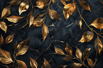 A luxurious wallpaper pattern with a design of golden leaves against a black velvet backdrop,...