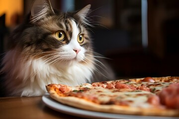 a large cat sits in front of a cooked pizza on a table