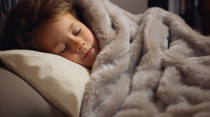 "Close-up of a little boy at rest in his own bed, sheltered under a soft blanket, a portrait of peace and security against the backdrop of the night."