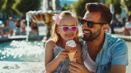 Dad and daughter enjoy ice cream in the fountain. AI. - obrazy, fototapety, plakaty