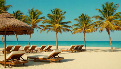 A sandy beach with lounge chairs lined up under palm trees, ready for relaxation and enjoyment under the warm sun