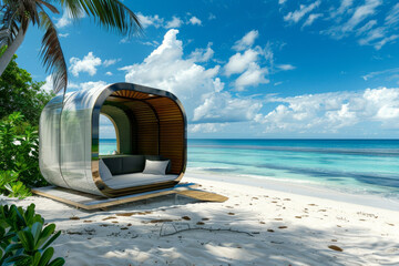 A luxury cabana on a pristine beach, its abstract design providing a stylish shelter from the tropical sun