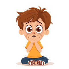 Cute cartoon boy sitting on the floor and crying. Vector illustration