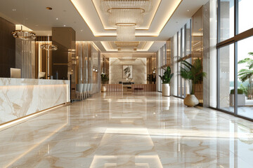 A luxury hotel lobby with marble floors, high ceilings, and elegant furniture.