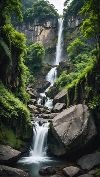  serene image captures picturesque waterfall flowing down rocky cliff. The waterfall is surrounded by jagged rocks and greenery, indicating natural, possibly remote location