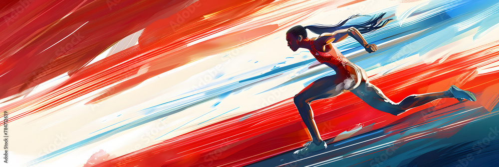 Poster Concept design for the 2024 Olympics in Paris, France. Elite female athlete in a race,