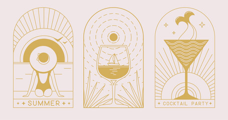 Set of modern line art summer icons with mermaid and cocktail. Set of summer posters. Vector illustration