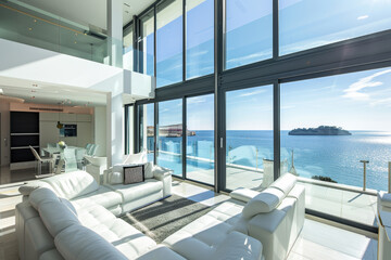 A luxury seafront penthouse with an abstract design, its floor-to-ceiling windows offering breathtaking sea views - obrazy, fototapety, plakaty