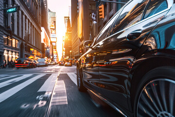 A luxury sedan driving through a bustling city. The car's sleek design and high-end features reflect its driver's taste for comfort and sophistication - obrazy, fototapety, plakaty