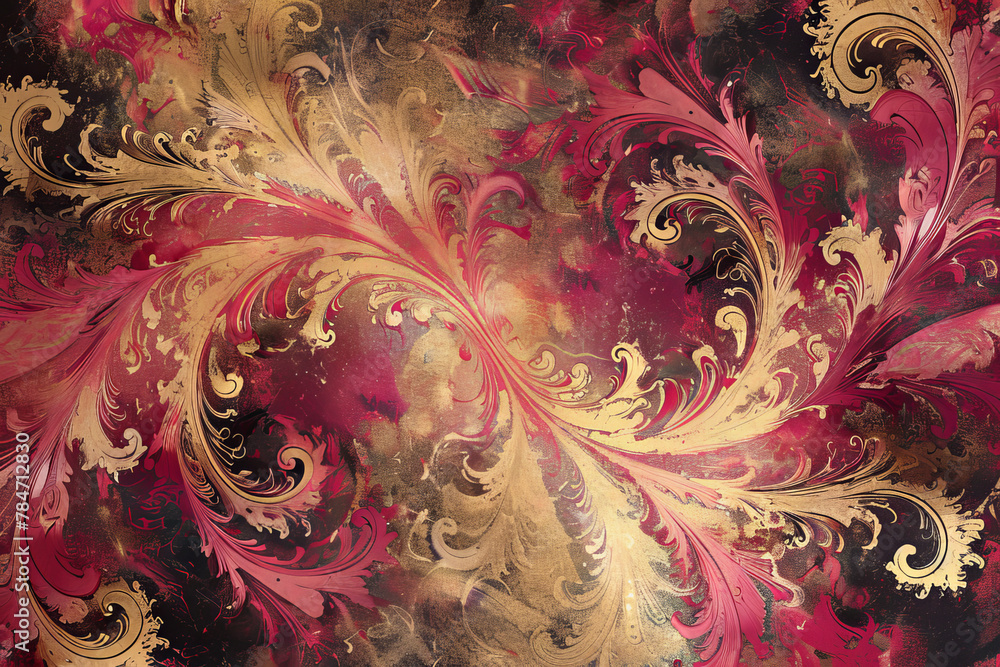 Poster a luxury wallpaper pattern with a swirling design of ruby and gold, creating an abstract motif that 