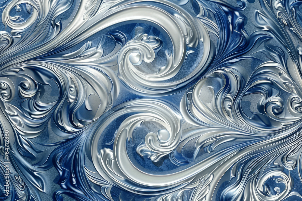 Poster a luxury wallpaper pattern with a swirling design of platinum and sapphire, creating an abstract mot