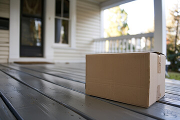 A moving box sitting on the front porch of a new home. The box is the first of many, a herald of the changes to come - obrazy, fototapety, plakaty