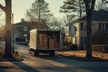 A moving truck parked in front of a suburban house, its back doors open to reveal neatly stacked boxes.