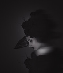 A dramatic black and white portrait of a mysterious woman with dark makeup, lush curly hair, and a sultry gaze against a shadowy background.