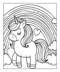 Fototapeta premium Cute unicorn with rainbow. black and white vector illustration for coloring book, Generative AI