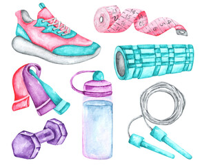 Fitness watercolor illustrations set. Sport. Gym. Sneakers, dumbbell, massage roller, jump rope, measuring tape, sports bottle, fitness bands. Bright colors. Illustrations isolated. For print
