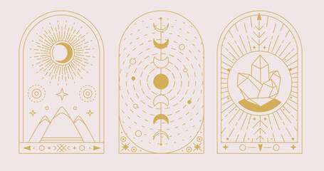 Set of Modern magic witchcraft cards with sun and moon. Line art occult vector illustration - 784713276