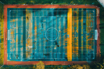 A school sports field with an abstract design, the lines on the field forming a unique pattern that symbolizes teamwork and sportsmanship