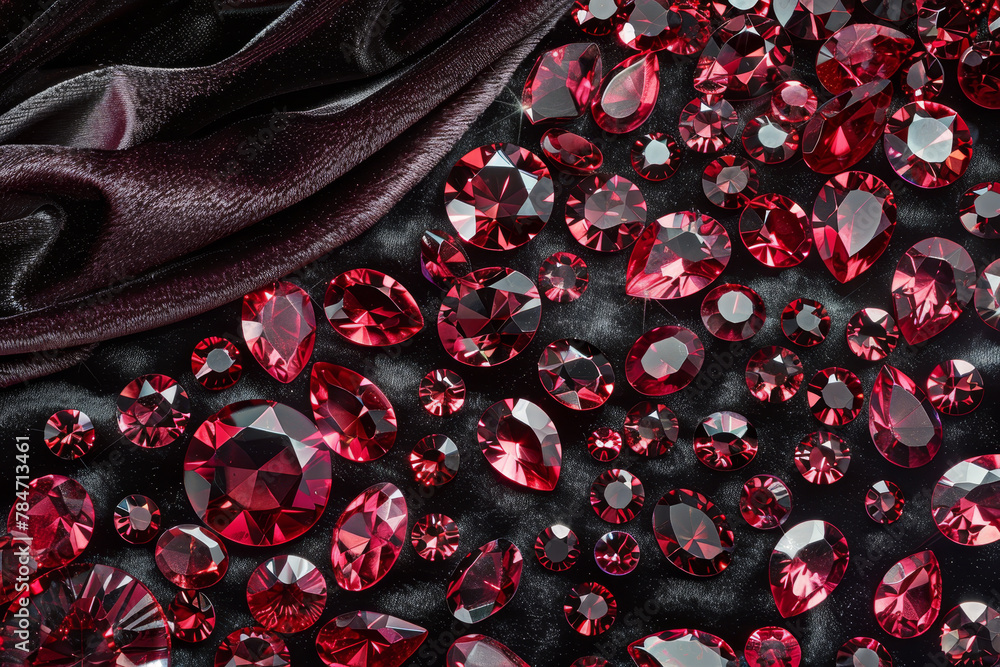 Poster an abstract background featuring a cascade of ruby gemstones against a velvet backdrop
