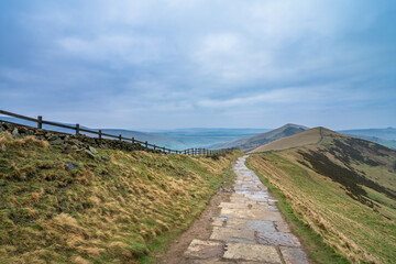 Fototapeta na wymiar Stone footpath on the The Great Ridge hill in the English Peak District