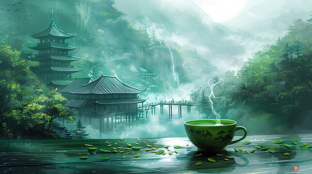 Green tea cascading into a cup with a serene flow, amidst scattered tea leaves, against the backdrop of age-old Asian architecture