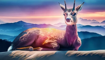 Meubelstickers deer on mountain top at sunrise in spring  watercolor postcard AI Generated © Muhammad