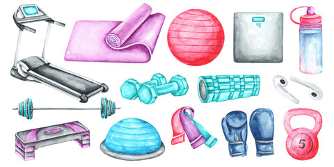 Gym watercolor illustration set. Fitness and sports. Treadmill, yoga mat, kettlebell, scales, fitball, step, sneakers, boxing gloves, dumbbell, massage roller, sports bottle, fitness elastic bands. 