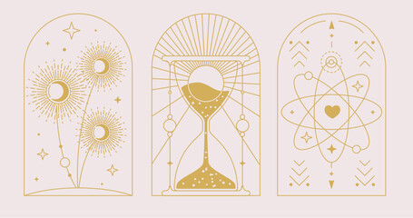 Set of Modern magic witchcraft cards with hourglass, sun, moon and dandelions. Line art occult vector illustration - 784713682