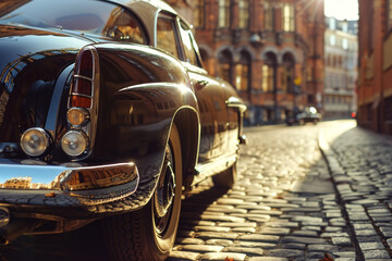 A classic vintage car parked on a cobblestone street. The car's polished chrome gleams in the sunlight - obrazy, fototapety, plakaty