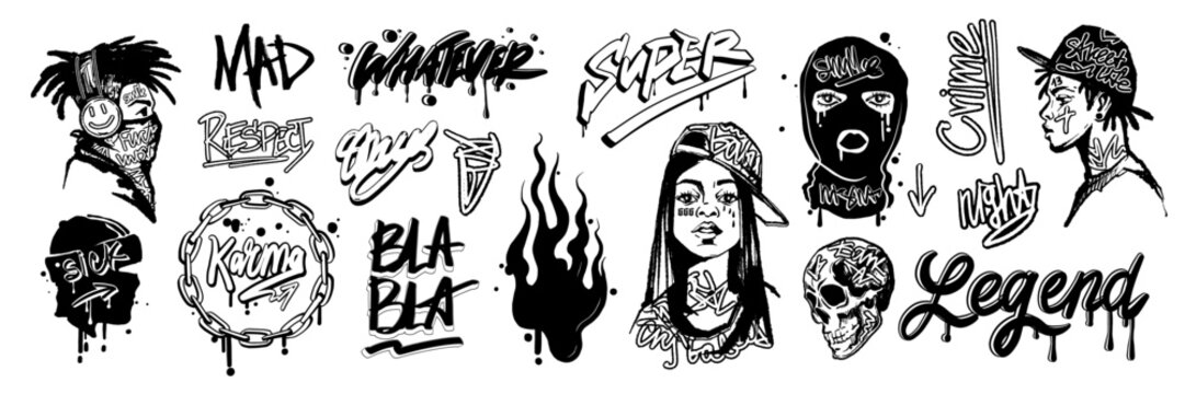 Graffiti urban sticker set, calligraphy spray print, vector street art splatter tags, rapper face. Hip-hop culture tattoo, black young guy, girl, balaclava, fire, skull. Graffiti urban textile design