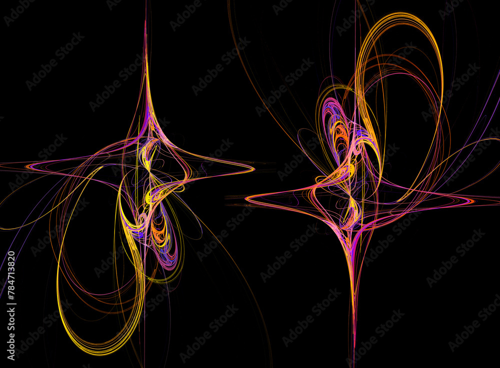 Poster purple and yellow lines curve and swirl elegantly against a black background. abstract illuminated p