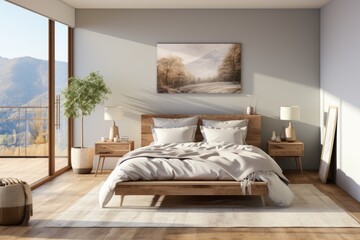Lightlist minimalist bedroom interior design with light gray wall background, generative IA