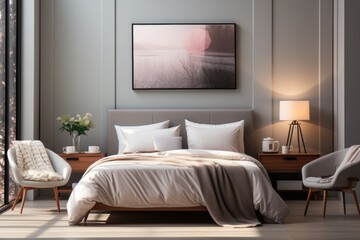 Lightlist minimalist bedroom interior design with light gray wall background, generative IA