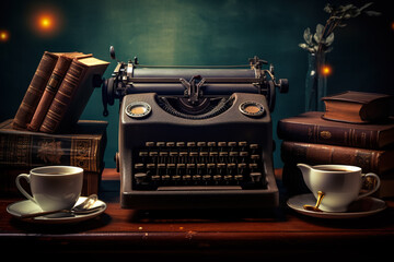 A vintage typewriter surrounded by stacks of books and a cup of steaming coffee - obrazy, fototapety, plakaty