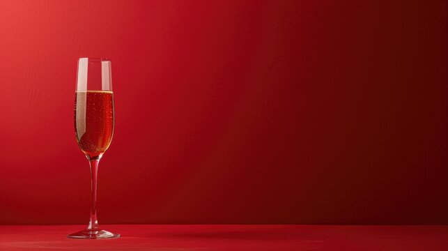 Blank Solid Red Background With One Flute Glass Of Champagne Celebration Minimalistic Wallpaper Backdrop	