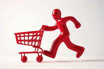 Abstract 3D Red Silhouette Running with Empty Shopping Cart on white background