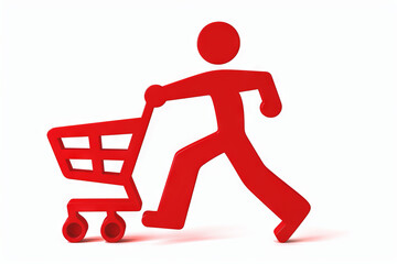 Red Abstract Character Pushing Shopping Cart on White background