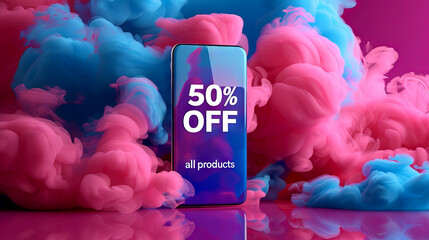 Smartphone Displaying 50% Off Discount Advertisement on Colorful Smoky background