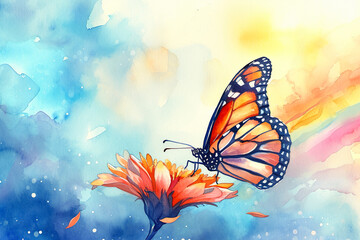 Fototapeta na wymiar A wondrous watercolor illustration of a butterfly perched on a flower, with a rainbow in the background