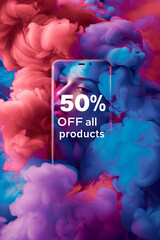 Digital Marketing Campaign Smartphone with 50% Off Sale on Colorful Smoky Background