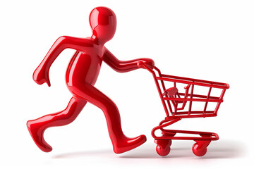 Illustration of 3D Red silhouette Sprinting with Shopping Cart on White Background