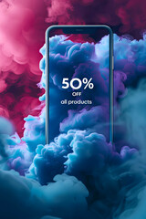 vertical image of Smartphone with 50% Off All Products Sales Ad on Smoky Colorful Background